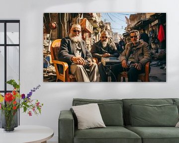 Analogue photo 90s in the street of City Afghanistan with three men by Animaflora PicsStock