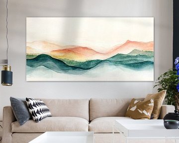 This ethereal watercolor painting depicts a serene mountain world at sunrise. Soft, flowing lines create harmony, while warm and cool tones contrast for balance. Misty forests add depth, and the light horizon suggests hope. The work invites contemplation in a dreamy world where tranquility reigns. by Studio BB