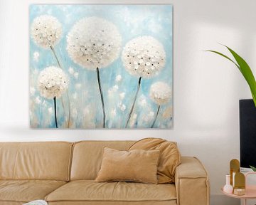 Blue, whimsical dandelion flower meadow by Floral Abstractions