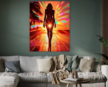 Vibrant Sunset Front-View Woman Wall Art - Tropical Rainbow Silhouette Print for Modern Home Decor,  by Shine By Nous