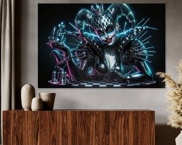 Cyberpunk Jester Woman Wall Art - Neon Chess Queen Print for Modern Home Decor by Shine By Nous