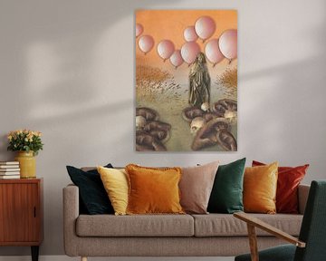 Surrealistisch landschap met roze zwevende ballonnen een vrouw, in verstilde rouw en oren en schedels die uit het zand oprijzen