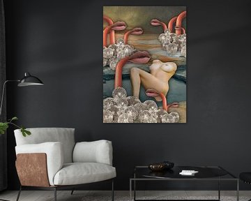 Surrealistisch landschap met verzonken vrouwenlichaam, glinsterende bollen en rode buizen met lippen, mond wachters