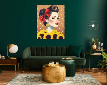 Retro collage portret van een vrouw met zonnebloemen van Studio Pieternel
