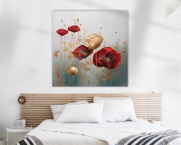 Elegantes Gemälde mit Mohnblumen in Rot und Gold von Studio Pieternel