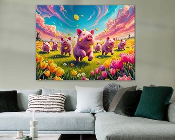Rennende Spaarvarkens in Hollands Landschap – Surrealistische Kunst van Basahen