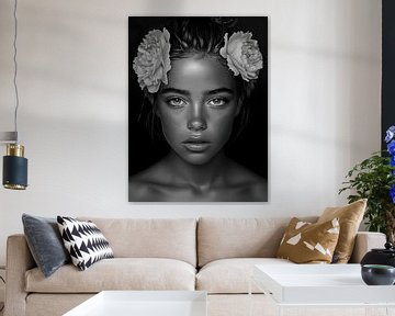 Ein zeitloses Schwarz-Weiß-Porträt einer schönen Frau, umgeben von eleganten Blumen in einer kunstvollen digitalen Komposition von ByLulu