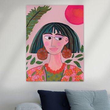 Bunte moderne abstrakte Frau Porträt Neon Rosa von Anita Letuve