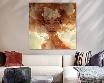 Hyperrealistisches digitales Kunstwerk einer gelassenen Frau mit Wolkenhaar, verträumtem Blick und sanften Tönen - perfekt für Ruhe in jedem Raum. von ByLulu