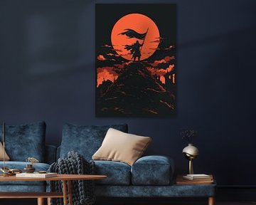 Ridder onder een bloedrode maan met een vlag van Pixelbull Design