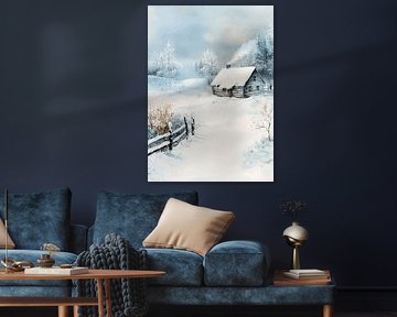 Cabane en rondins enneigée dans un paysage hivernal