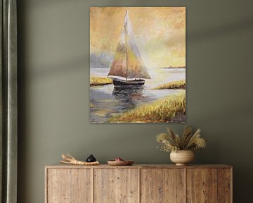 Sailboat in ochre, gold and yellow colours