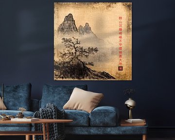 Berg en boom in de mist Aziatisch Zen landschap van Vlindertuin-Art