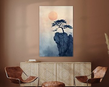 Zen landschap met eenzame boom en rots
