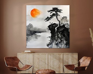 Paysage zen avec pin et soleil
