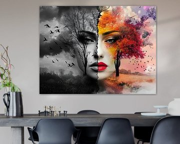 Portrait surréaliste d'un visage de femme, en deux moitiés contrastées