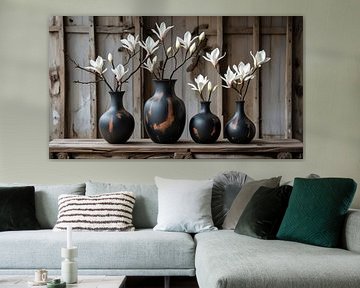 Four vases in a row with branches of Magnolia in them on an old weathered background pastel colours.