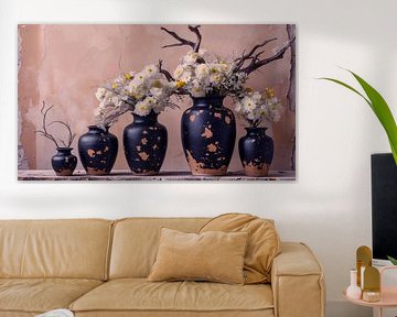 Four vases in a row with branches of Magnolia in them on an old weathered background pastel colours.