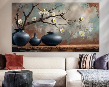 Four vases in a row with branches of Magnolia in them on an old weathered background pastel colours.