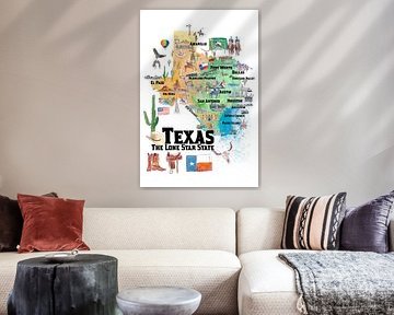 Texas State USA Illustrated Travel Poster Günstige Karte mit Straßen und touristischen Highlights