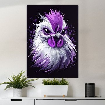 Ausdrucksstarkes Hühnerporträt in kräftigem Violett