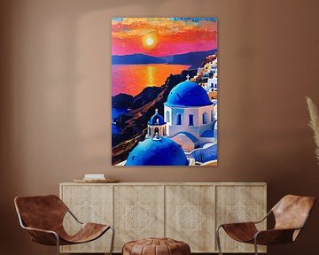 Blauwe Koepel van Kerk Santorini Zonsondergang van MIROKKU