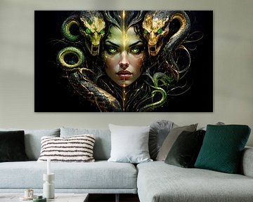 Medusa's fatale blik - Het orakelvisioen van de gouden slangenkroon in het mystieke licht van de goddelijke Gorgon van AidasignArt