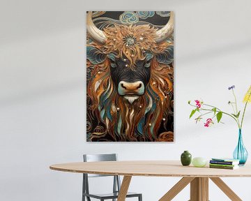 Gouden en Blauwe Schotse Hooglander met Natuurlijke Motieven van Digitale Schilderijen