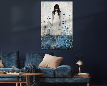 Vergiss die Myrte; Mädchen in weißem Kleid in einem Blumenfeld aus blauen Vergissmeinnicht-Myrten