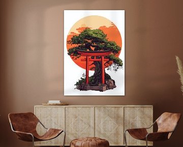 Torii devant un bonsaï au coucher du soleil