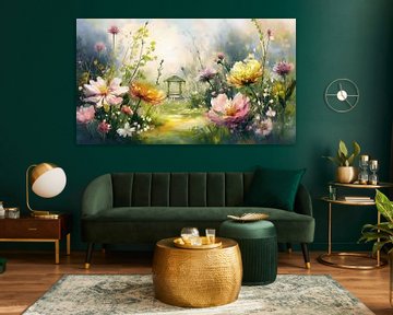 Painting of a dreamy flower garden with gazebo by Studio Pieternel