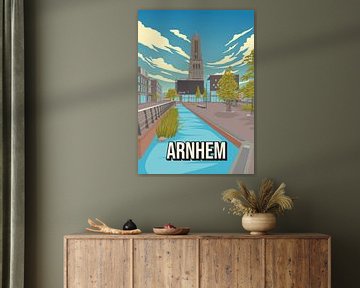 Arnhem Retro Vintage Skyline – Kleurrijke Illustratie van de Stad onder Blauwe Hemel van Jorn van Hezik