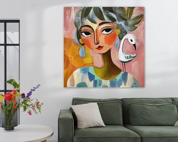 Dromer en de witte Vogel; kleurrijk portret van een vrouw en haar vogel van Bianca ter Riet