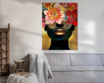 Modern portret van een donkere vrouw met bloemen