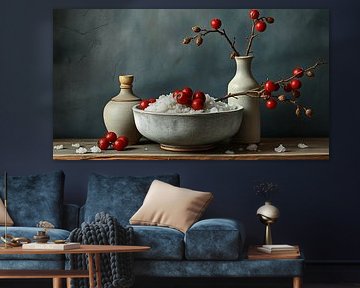 Ein klassisches Stilleben aus Keramik, gefüllt mit Salz und roten Beeren. von J.a Dijkstra