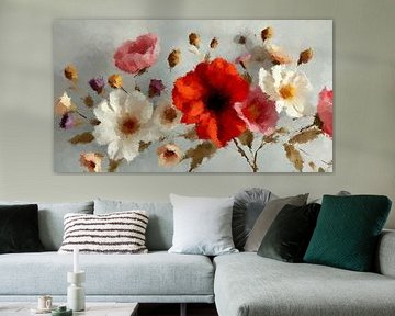 Een schilderij van bloemen landelijke stijl.