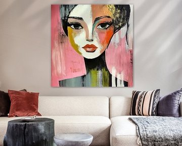 Poëtische Blik; portret van een kleurrijke vrouw in vlakken met een beetje goud van Bianca ter Riet