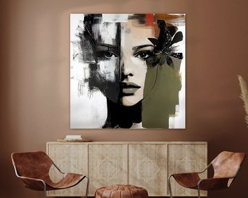 Verborgen Lagen; portret van een vrouw in zwartwit in lagen met kleurvlakken in groen, rood, oranje en beige. van Bianca ter Riet