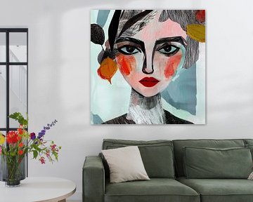 Fragmenten; portret van een vrouw, zwarte lijnen, kleurrijk en bladeren. Blauw, rood, oranje, groen, zwartwit van Bianca ter Riet