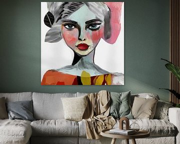 Fragmenten 02; kleurrijk portret in rood, roze, blauw, geel van een vrouw, gemaakt met dikke zwarte lijnen en bladeren als botanische touch van Bianca ter Riet