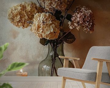 This classic still life with hydrangeas in a glass vase, surrounded by glowing candles and antique books, radiates timeless beauty and serene tranquility. The wilted flowers in rich autumn tones, illuminated by the warm candlelight, bring to life a nostalgic and romantic atmosphere that celebrates the enchanting transience of nature. by Studio BB