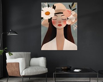Moderne illustratie, portret van een meisje met bloemen van Studio Allee