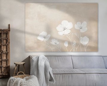 Delicate Flowers in Line Drawing on Light Brown by Thea