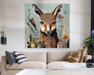Kunstzinnige Ree of Hert met Vogels en Bloemen – Dierenportret van DesignByDessie