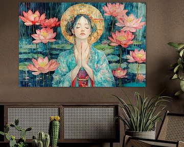 japanse schilderkunst biddende Geisha met lotusbloemen van Egon Zitter