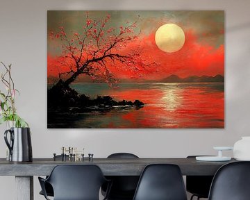 japanse schilderkunst landschap met rijzende zon van Egon Zitter