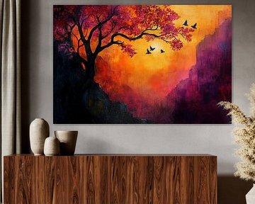 malerische japanische kunst sonnenuntergang landschaft