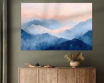 Stille Bergen: Abstract Kunstwerk in Perzik- en Blauwtinten van Thea