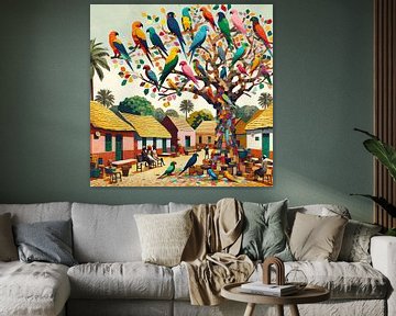 Kleurrijke papegaaienboom in een Afrikaans dorp van Lois Diallo