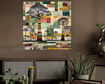 Abstracte baobabs in een geometrisch landschap van Lois Diallo
